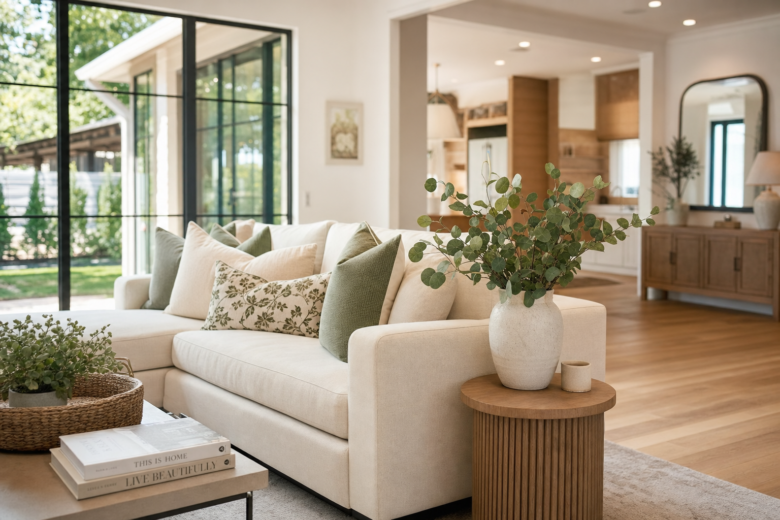 Bright, spotless living room after professional cleaning