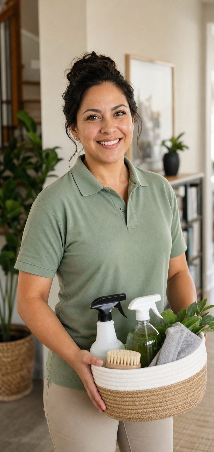 Professional cleaner smiling while working in a bright DMV home